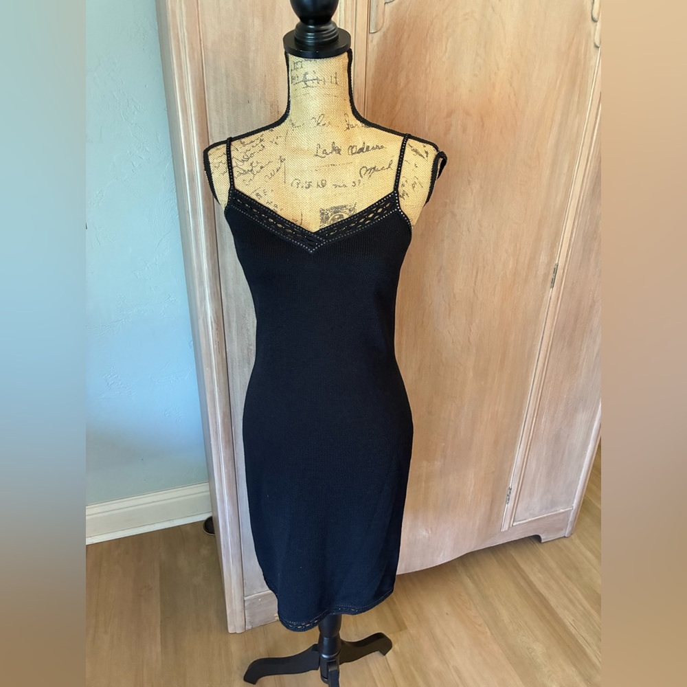 Vtg St. John Evening Black tank dress Santana Knit CBK embellished straps size 2